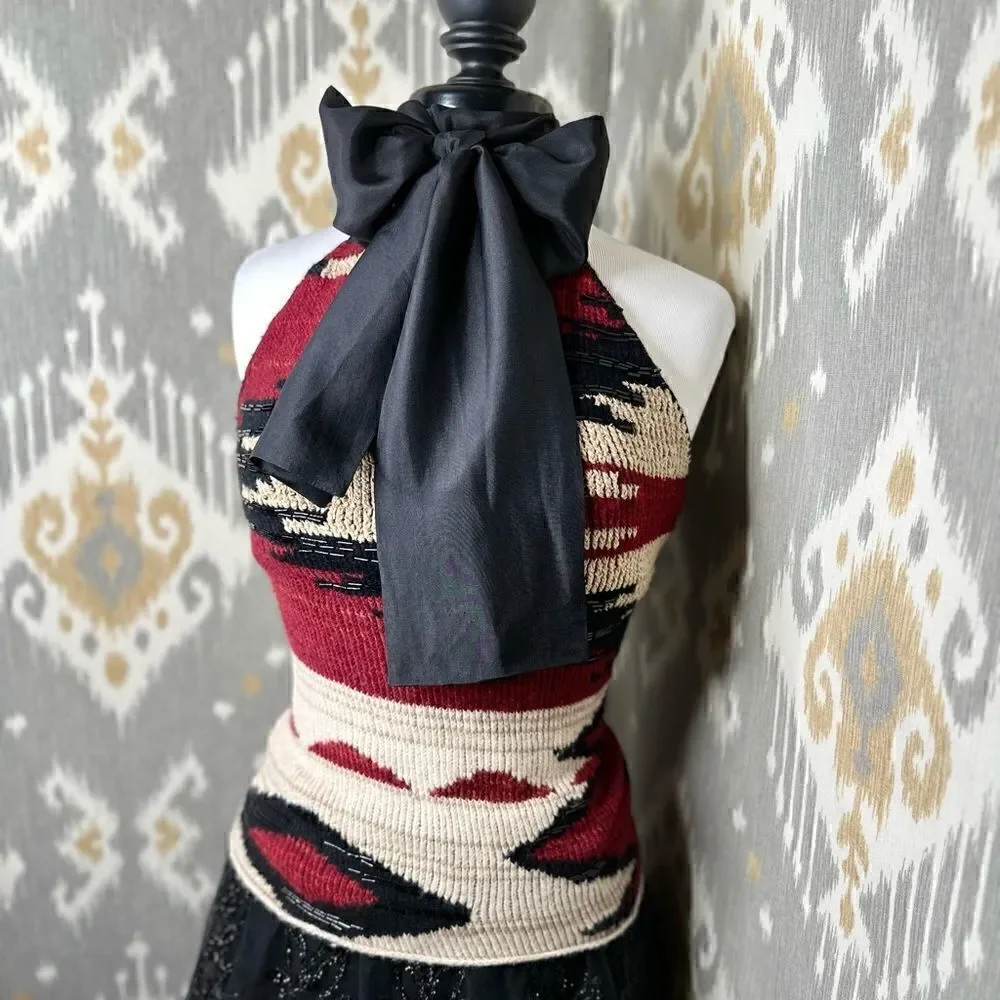 Ralph Lauren * 2011 Hand-Knit Red Beacon Blanket Beaded Halter with Silk Scarf - Picture 3 of 16